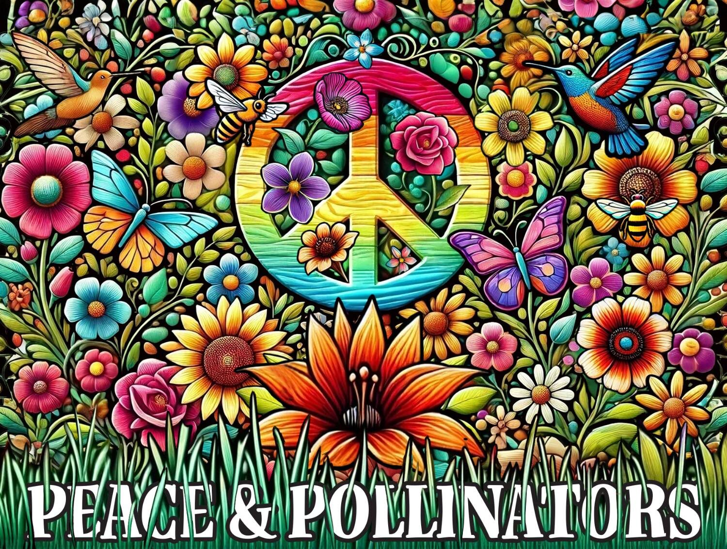 A dense, colorful garden of flowers, bees, butterflies and hummingbirds around a rainbow wooden peace symbol, with “Peace & Pollinators” in white western lettering along the grass.